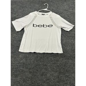 Bebe Sport Top Womens Size M White Mesh Trim Athletic Short Sleeve Logo Shirt